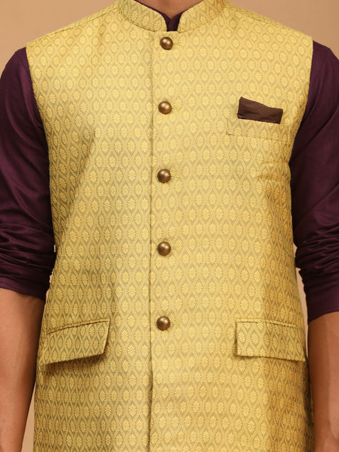 Vastramay Men's Yellow Jacquard Nehru Jacket with Kurta Pyjama Set